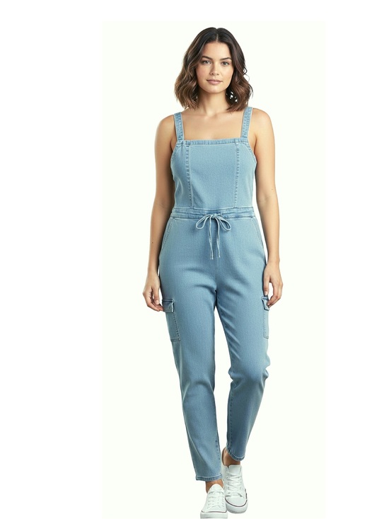 Tinseltown Denim - Lightweight Denim Mock Tie Waist Jumpsuit w/stretch•NWOT•23” p2p 29” inseam